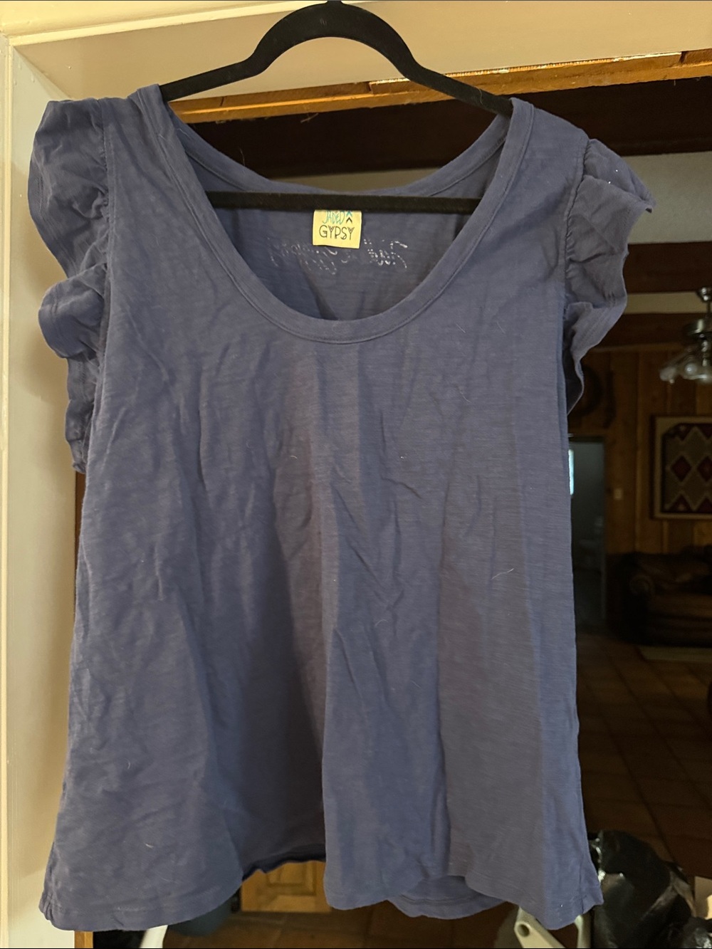 Jaded Gypsy Women's Blue Ruffle Sleeve Scoop Neck Top